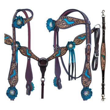 Bar H Equine American Leather Horse Saddle Tack One Ear Headstall | Breast Collar Browband Wither Strap Set for Horses BER114